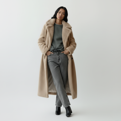 Lang teddyfrakke til kvinder | Med knaplukning