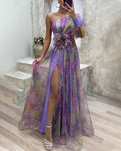 Aase | Elegant One-Shoulder Floral Maxi Kjole