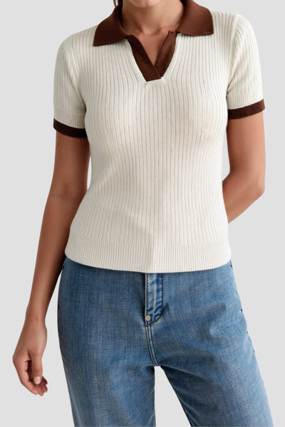 Stilfuld Ribbet Krave Strikket Top med Farveblok i Polo Shirt Design Dame
