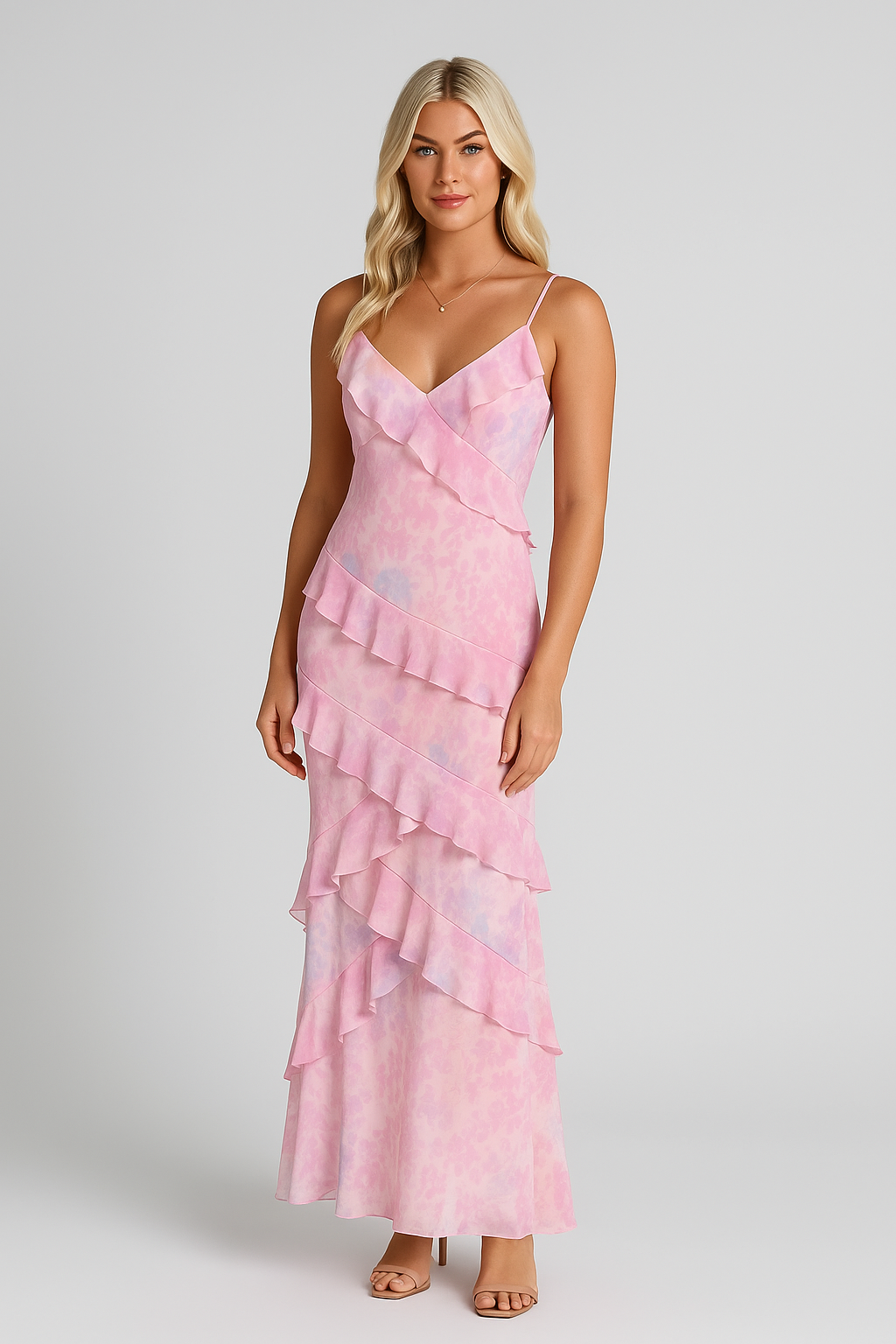 Elegant Midi Kjole med En Skulder og 3D-Mønster i Rosa og Gul