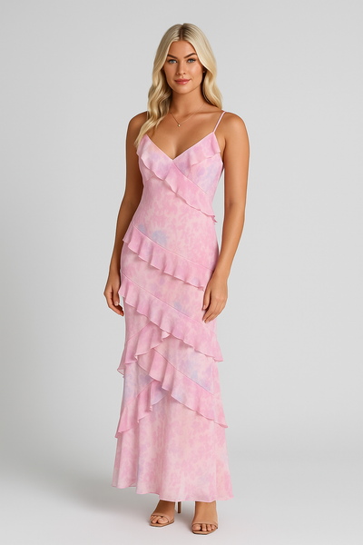 Elegant Midi Kjole med En Skulder og 3D-Mønster i Rosa og Gul