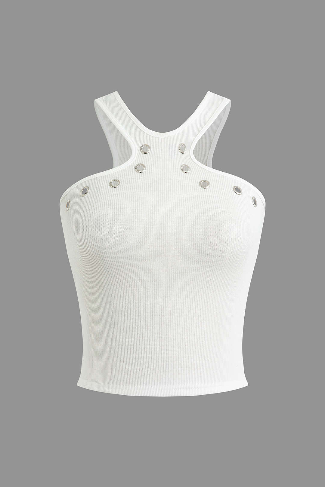 Darlene | Hvid Ribbel Top med Udsparinger og Nitter Crop Top Dame