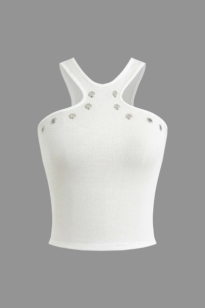 Darlene | Hvid Ribbel Top med Udsparinger og Nitter Crop Top Dame