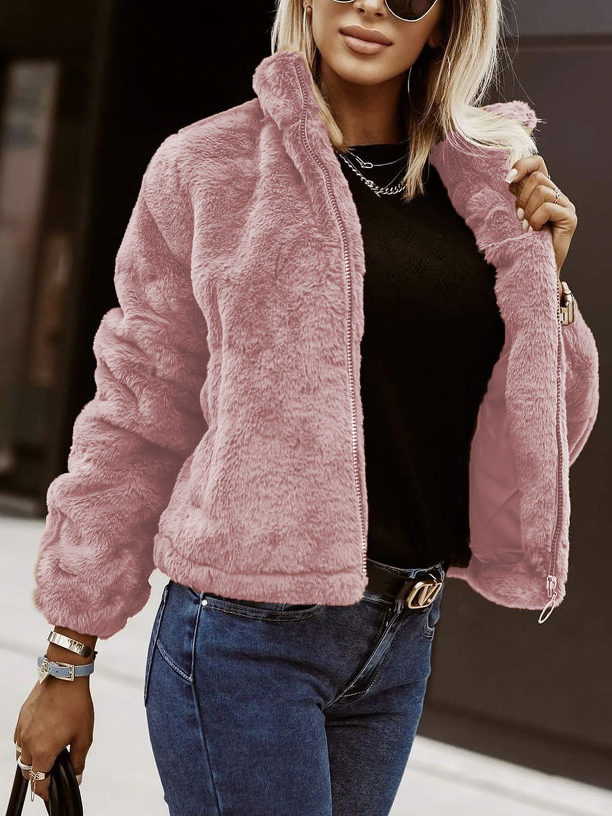 Teddy Fleece Vinterjakke til Dame med Lynlås og Høj Krave Jakke