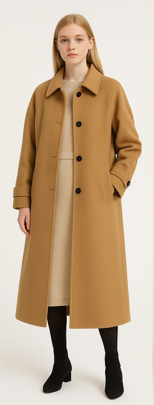 Elegant Lang Frakke til Dame med Knaplukning og Lommer Vinterfrakke