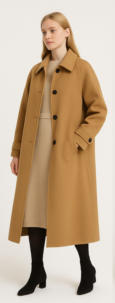 Elegant Lang Frakke til Dame med Knaplukning og Lommer Vinterfrakke