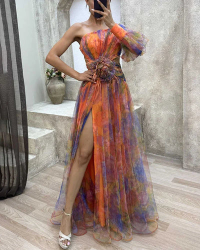 Aase | Elegant One-Shoulder Floral Maxi Kjole